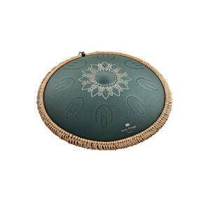 16" OCTAVE STEEL TONGUE DRUM, F# MINOR, 9 NOTES, 432 HZ, DARK GREEN, ENGRAVED FLORAL DESIGN