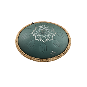16" OCTAVE STEEL TONGUE DRUM, F MAJOR, 9 NOTES, 432 HZ, DARK GREEN, ENGRAVED FLORAL DESIGN